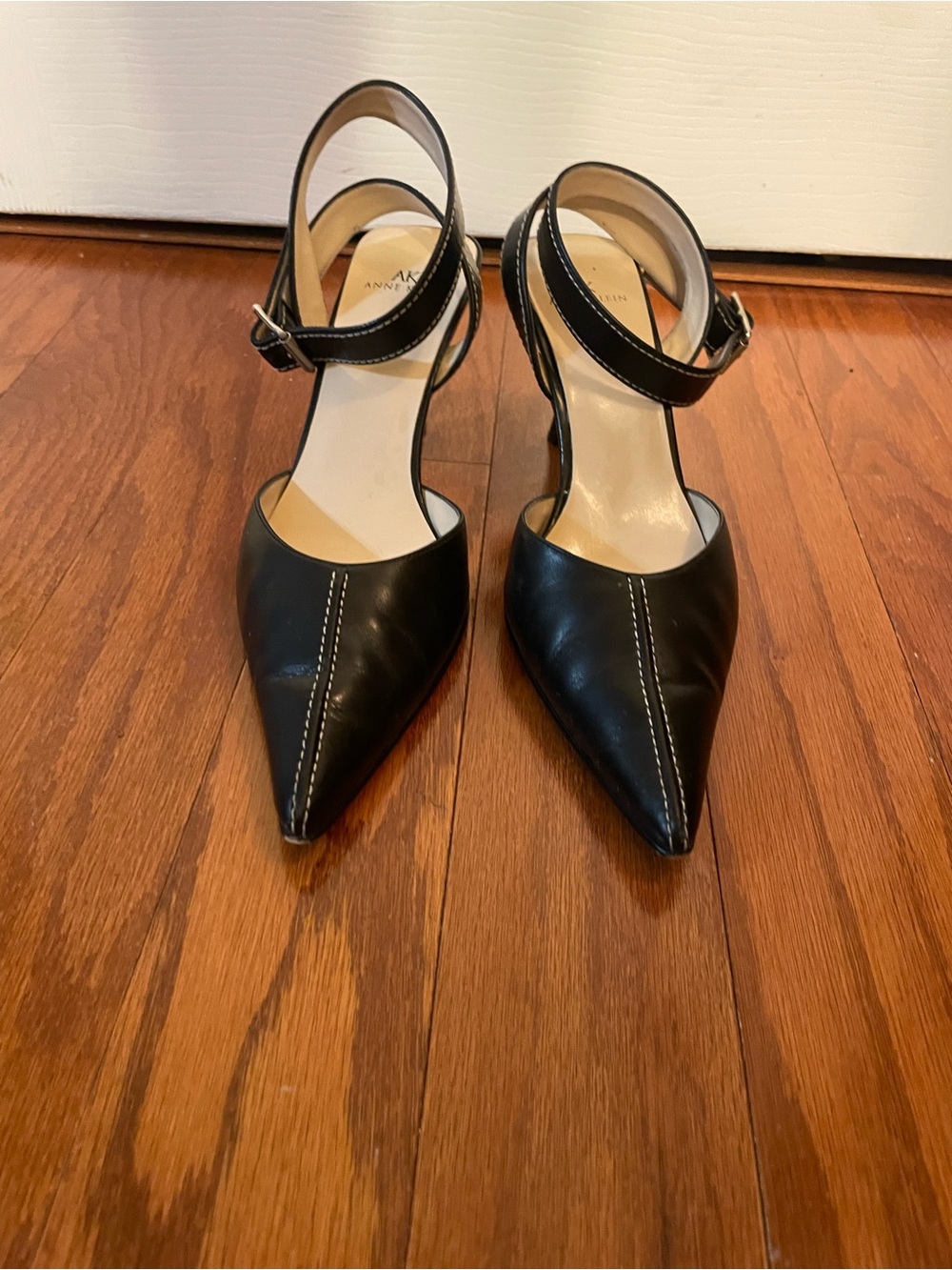Anne Klein Black Pointed Toe Ankle-Strap Pumps with Contrast Stitching